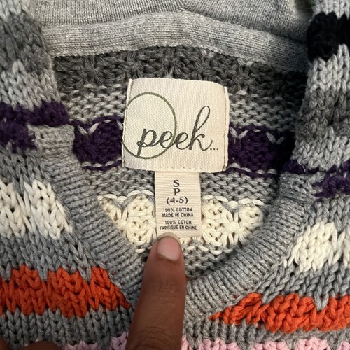 Peek Grey Rainbow Striped Knit Hooded Sweater Size Small (4-5) - Picture 4 of 4