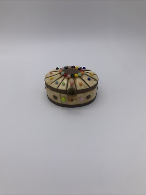 Retro Camel Bone Oval Trinket Box With Art Glass Beads Brass Trim & Clasp 