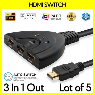 5 Pack HDMI Switcher 3 Sources 1 Display Digital Signal Amplifier 3 to 1 Switch