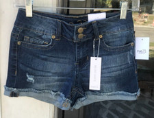 Rue21 sz 0 Mid Rise Shortie Blue Denim Cuffed Cut Off Distressed Shorts D4 1