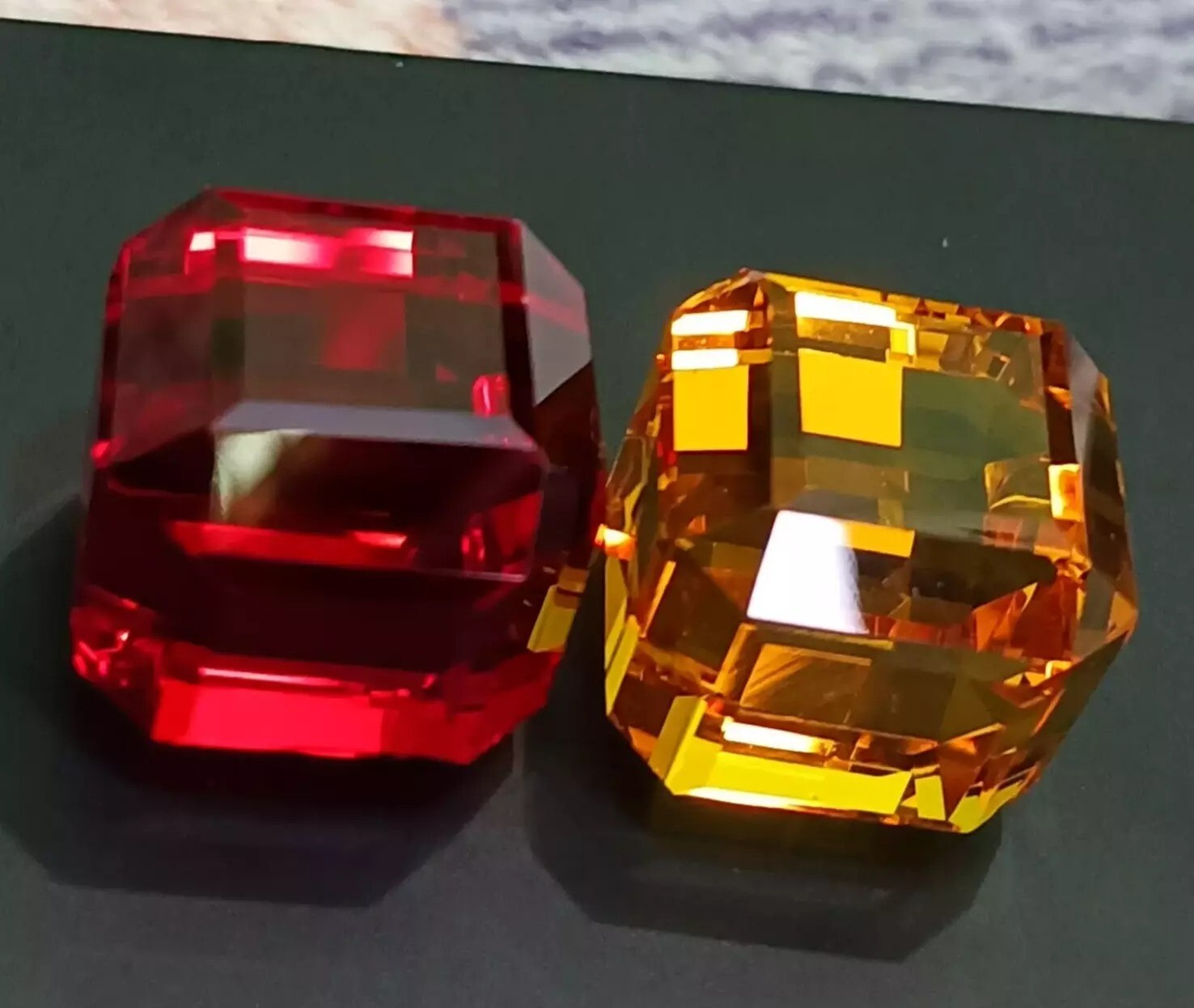 202 Ct+ CERTIFIED Natural Red & Yellow Cube Cut Topaz Loose Gemstone 2 Pcs Lot