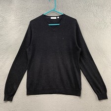 Calvin Klein Sweater Top Men L Black Italian Merino Wool V-Neck Pullover Casual