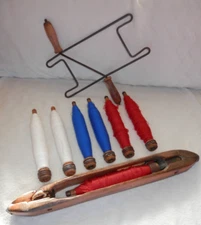 Antique Wooden Weaving Shuttle w/ 7 Cotton Thread Bobbins & Winder - USA