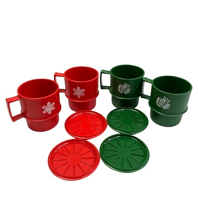 Vintage Tupperware Christmas Cups Lids Saucers Stacking Red Green Dove Snowflake