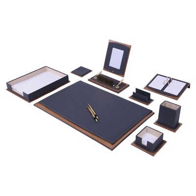 Star Leather Desk Organizer Set Walnut Wood Combination Organizer Set- 11 PCS
