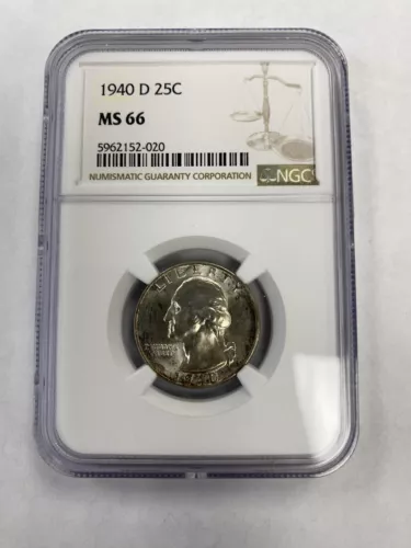 1940-D Washington Quarter NGC MS66 Nice Eye Appeal Strong Strike Crusty Original