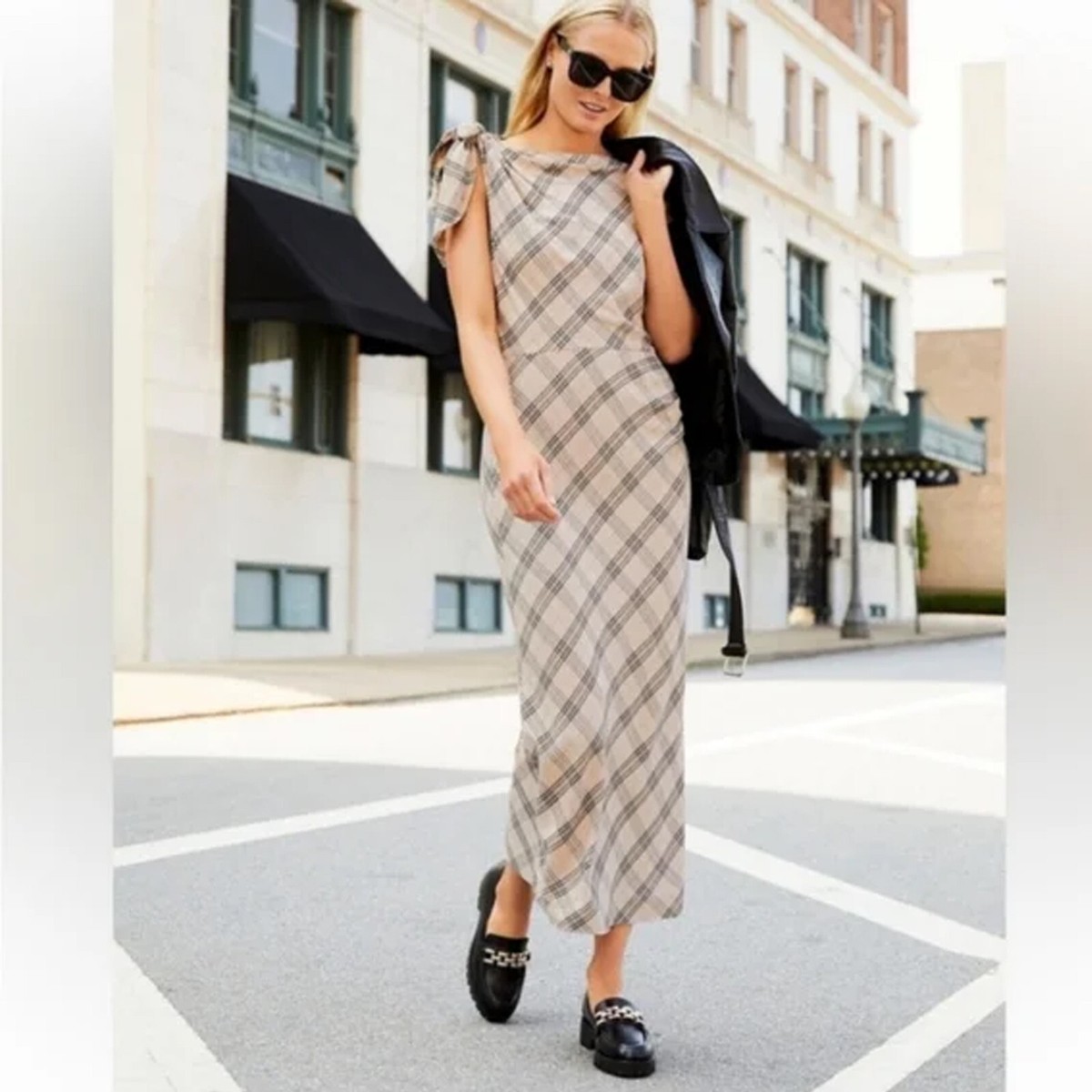 Antonio Melani Sz 14 Tan Brown Addison Plaid Short Sleeve Sheath Midi Dress B54
