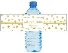 Gold Confetti w White wedding anniversary Engagement party Water Bottle Labels