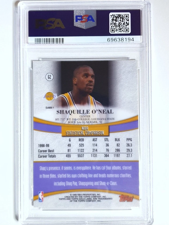1999 Topps Gold Label Shaquille O'Neal #62 CLASS 1 - PSA 9 (LOW POP) - Image 2 of 2