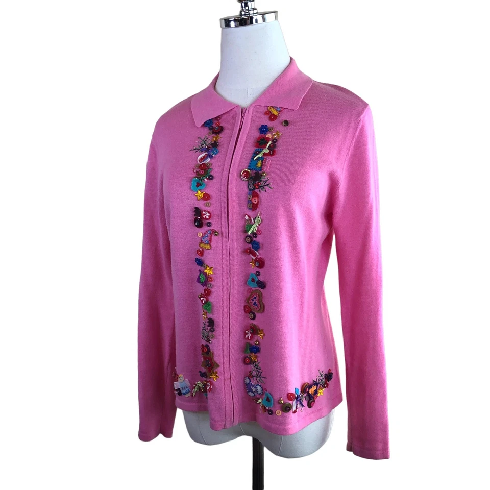 Hampshire Studio Novelty Christmas Cardigan Sweater Womens SP Pink Embellished - Image 2 of 4