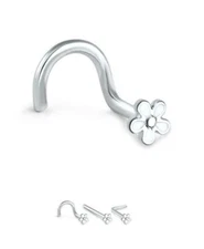 316L Surgical Steel Nose Ring Screw L Bend Straight Stud Plumeria Flower 20G