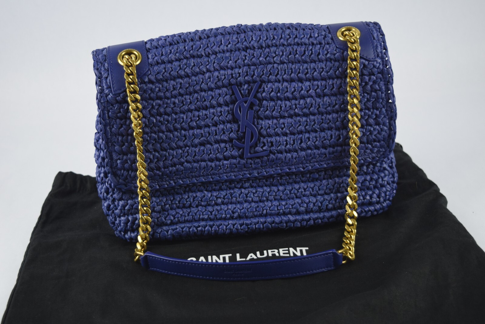 Nuovo con etichetta! Borsa YSL Saint Laurent media Niki rafia catena zaffiro pelle $3100 LOGO