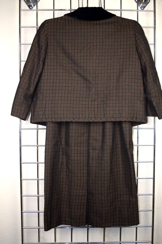 Vintage Plaid Skirt Suit W24" Size XS/S 40s Brown Bronze Cotton Velvet Collar - Image 2 of 4