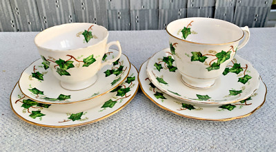 2 Vintage Colclough Porzellan Grün Efeu Teetasse, Teller & Untertasse Trios