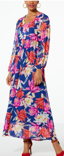 NEW IMAN PLUS SZ 2X Global Chic Printed Mesh MAXI Dress LAPIS BLUE FLORAL 2X - Picture 2 of 9