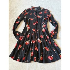 Zara Woman Size Med Floral Print Shirt Dress Long Sleeve Fit & Flare Black Red