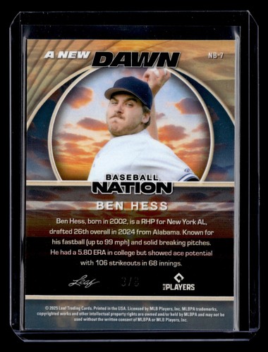 BEN HESS 2025 Leaf Baseball Nation #3/8 PURPLE LAVA - Picture 2 of 2