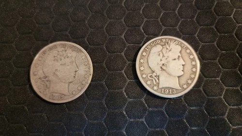 Barber Half Dollar 1907 & 1913 Silver Coins