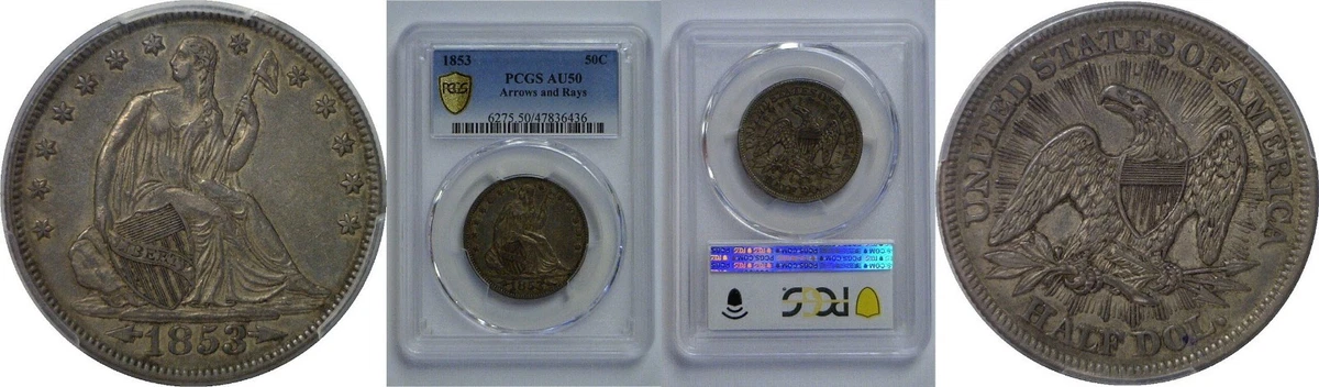 1853 Year Grade AU 50 Seated Liberty US Half Dollars (1839-1891