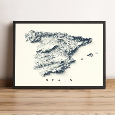 Spain Map, Spain 2D Relief Map, Spain Vintage Map - 2D Flat Print