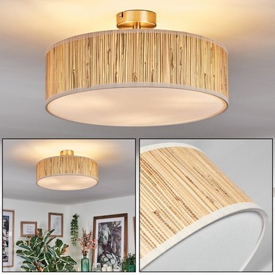 Moderne E27 Deckenleuchte/Deckenlampe Boho-Stil aus Metall, Seegras & Stoff Weiß