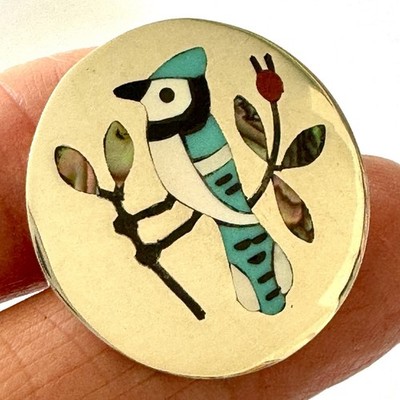 Zuni Inlay Blue Jay Bird Pendant 1in  Edaakie Turquoise Sterling Animal Pin