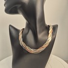 Tri-Color Braided Herringbone Statement Necklace Yellow, White & Rose Gold Tone