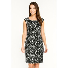 Maggy London Dress 4 Black White Sleeveless Sheath Stretch Floral Retro Office