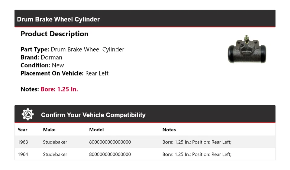Cilindro de rueda de freno de tambor trasero izquierdo Studebaker 8E15 Dorman 1963-1964 Foto 2 de 3