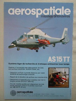 1982 PUB AEROSPACE HELICOPTER DAUPHIN AS 15 TT ANTI-SHIP MISSILE FRENCH AD