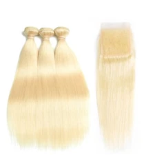  613 Blonde Straight Remy Human Hair 1 Bundle 100g/Bundle or 3 Bundles/W Closure