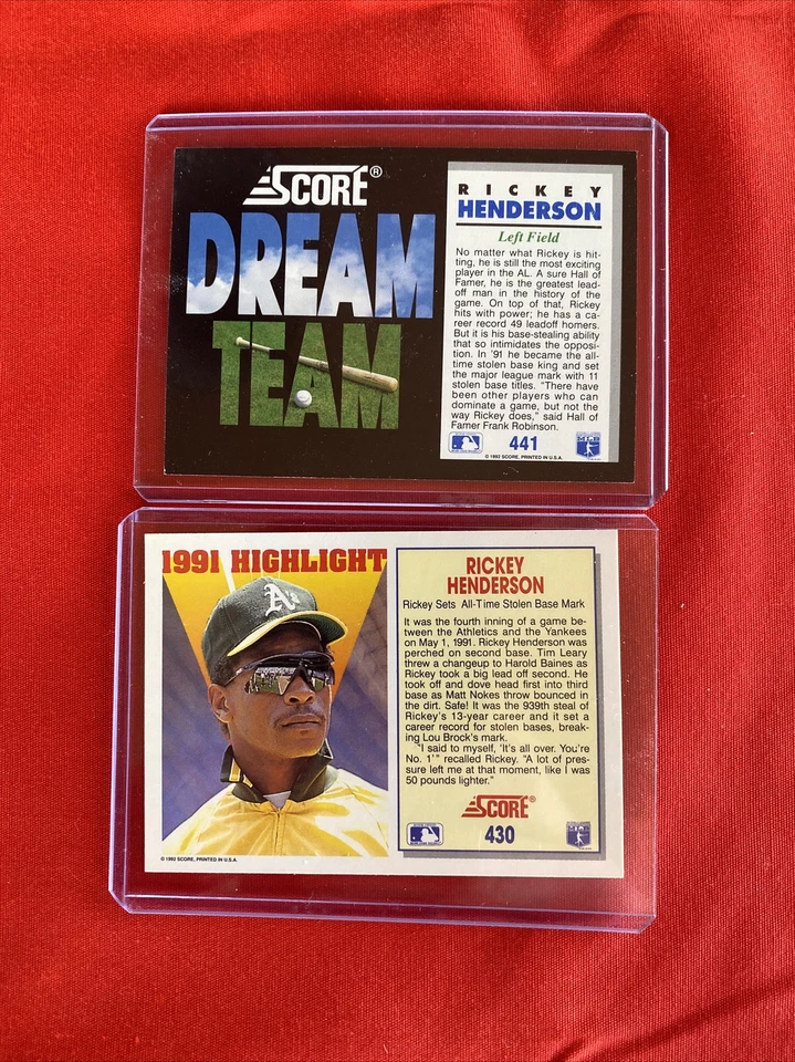 1992 Score Dream Team/Highlight #430 & #441 RICKEY HENDERSON Stolen Base Leader - Image 2 of 4