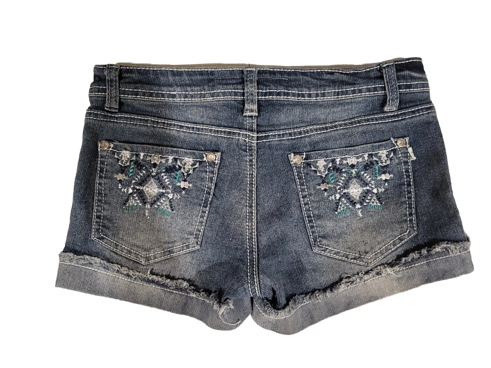 Girl's Free Planet Fake Dirty embellished Blue Jean cut-off cuffed shorts sz 12 - Image 2 of 4