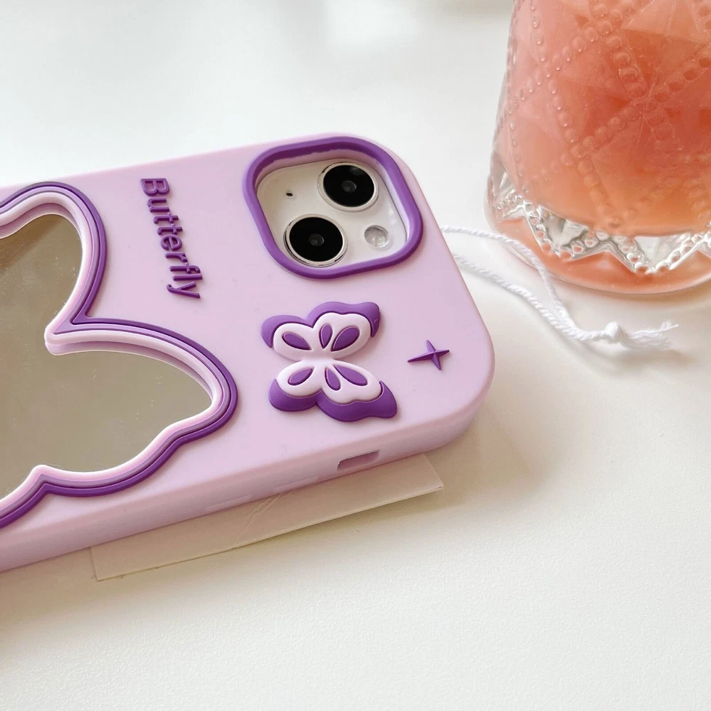 Cute Purple Butterfly Mirror Case with Chain for iPhone 15 14 13 12 11  