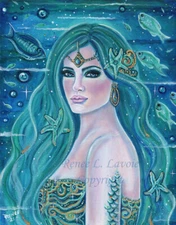 Original mermaid "Aquamarine" blue  fish 11x14 acrylic painting RENEE LAVOIE