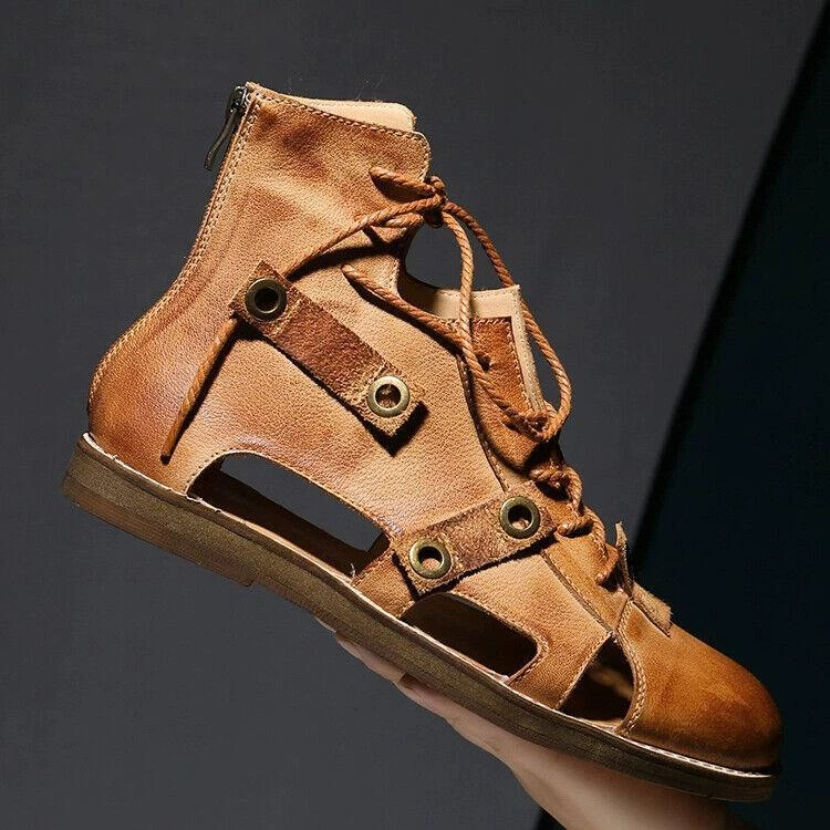 Vintage Mens Sandals Roman Gladiator Boots Lace Up Hollow Out Real Leather Shoes - Image 2 of 4