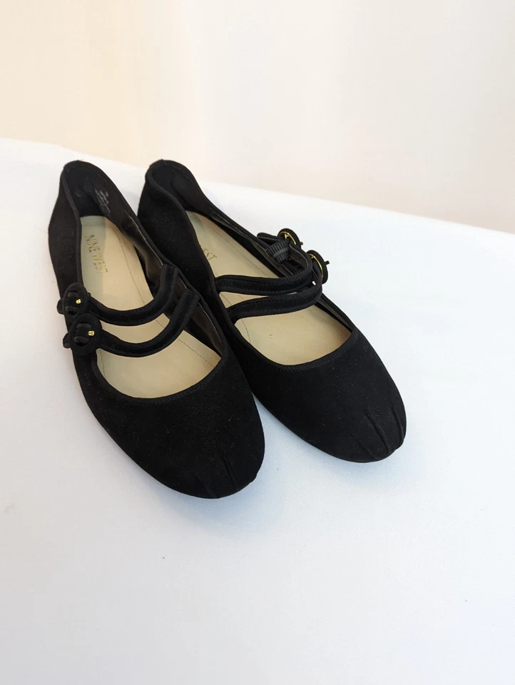 Nine West Ballet Round Toe Double Strap Black Suede Flat Shoes Size 7 Balletcore - Image 3 of 4