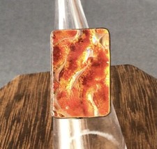 Sterling Silver Wms Rectangle Art Glass Modernist Ring large orange size 4 3/4  