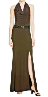 Laundry ~ Black Jersey Beaded Waist Drape Front Halter Formal Gown 6 NEW $325