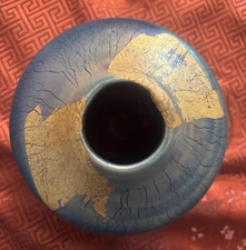 Robert Eickholt Art Glass Blue Aurene Ovoid Stretched Vase Hand Blown 1990