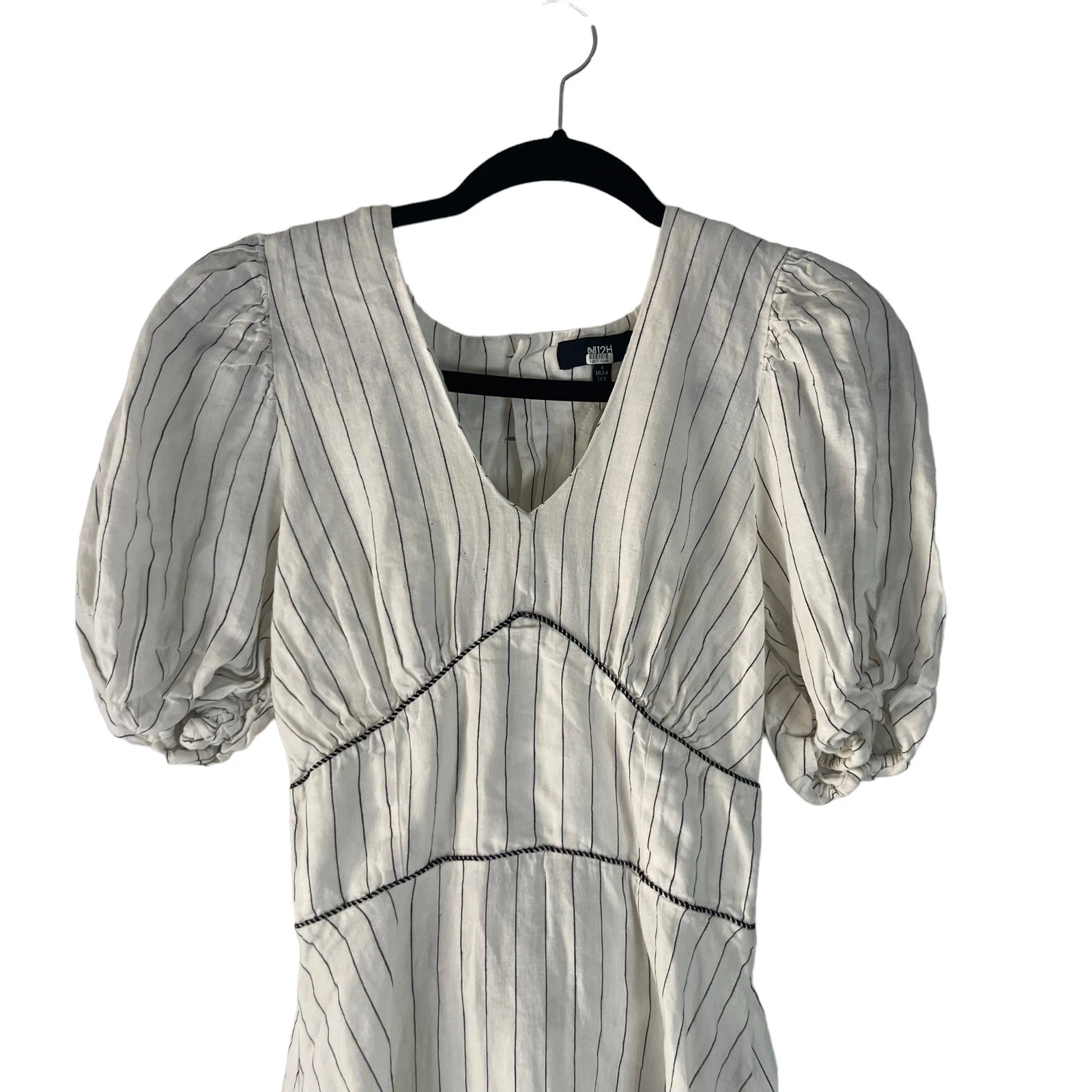 OFF WHITE N12H Vestito Donna Piccolo 2 4 Erin 100% Lino Off White Righe Mini Abito Cottage