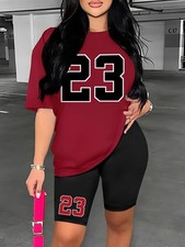 Womens Number 23 Print 2 Piece Set T Shirt & Shorts Summer Casual Sports Outfit