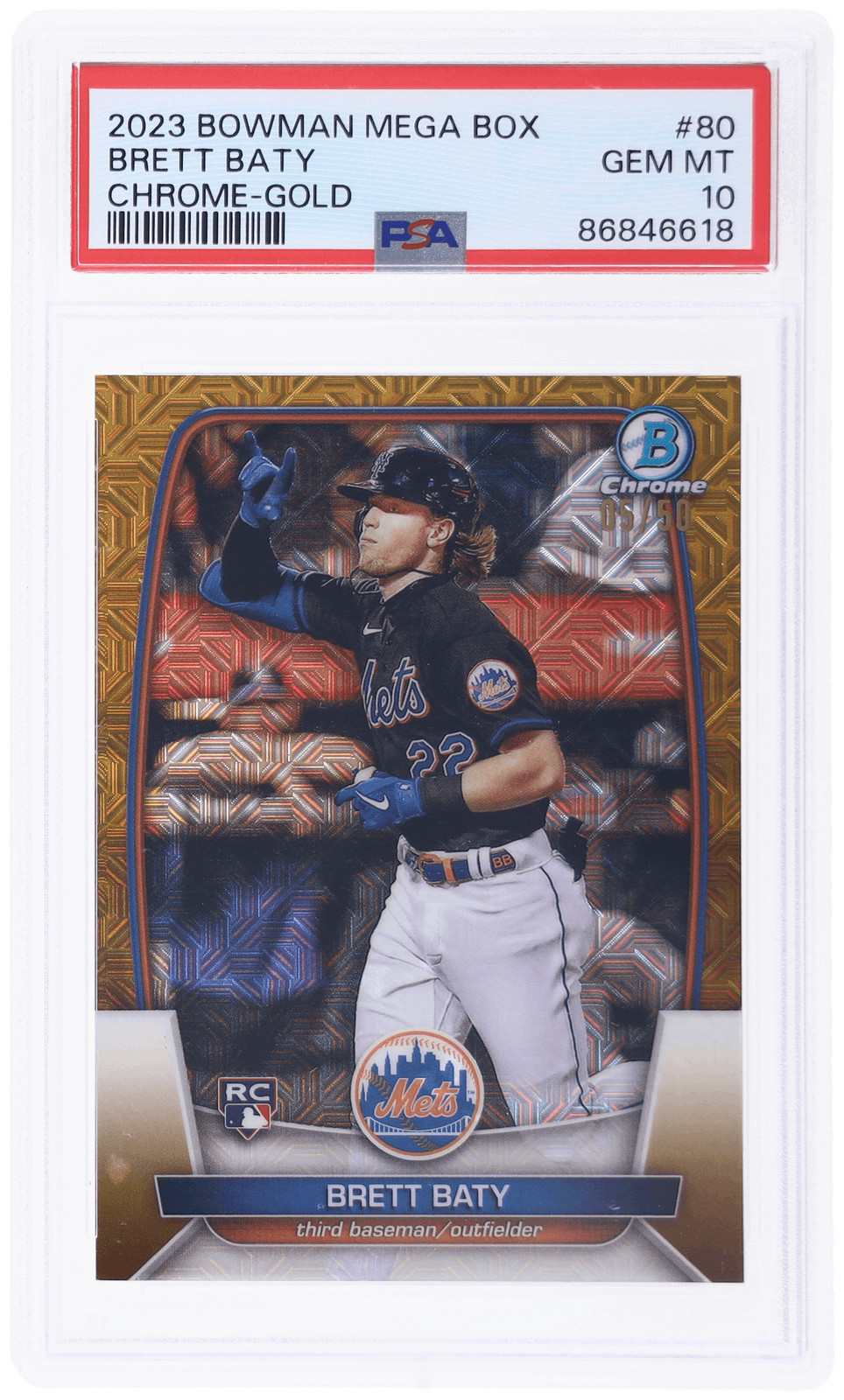 2023 Bowman Chrome Mega Box Brett Baty Gold Refractor #80 /50 PSA 10 Rookie RC