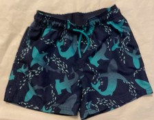 Size 8M Boy Swim Trunks Black With Blue Sharks Fish 3 Pockets Drawstring Ela