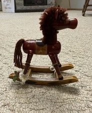 Vintage Wooden Miniature Rocking Horse Red With Yarn Mane