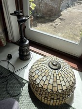 Tiffany Lamp Metal And Glass Lamp 16” Width. Stand 25” Height In Need Of TLC
