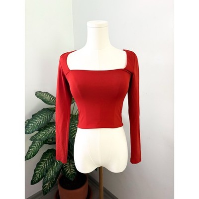 Aritzia Babaton Contour Square Neck Top Long Sleeve Small Brick Red