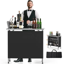 Portable Bar Table, 3-Tier Shelves, Mobile Bar Table for Events, Party, Campi...