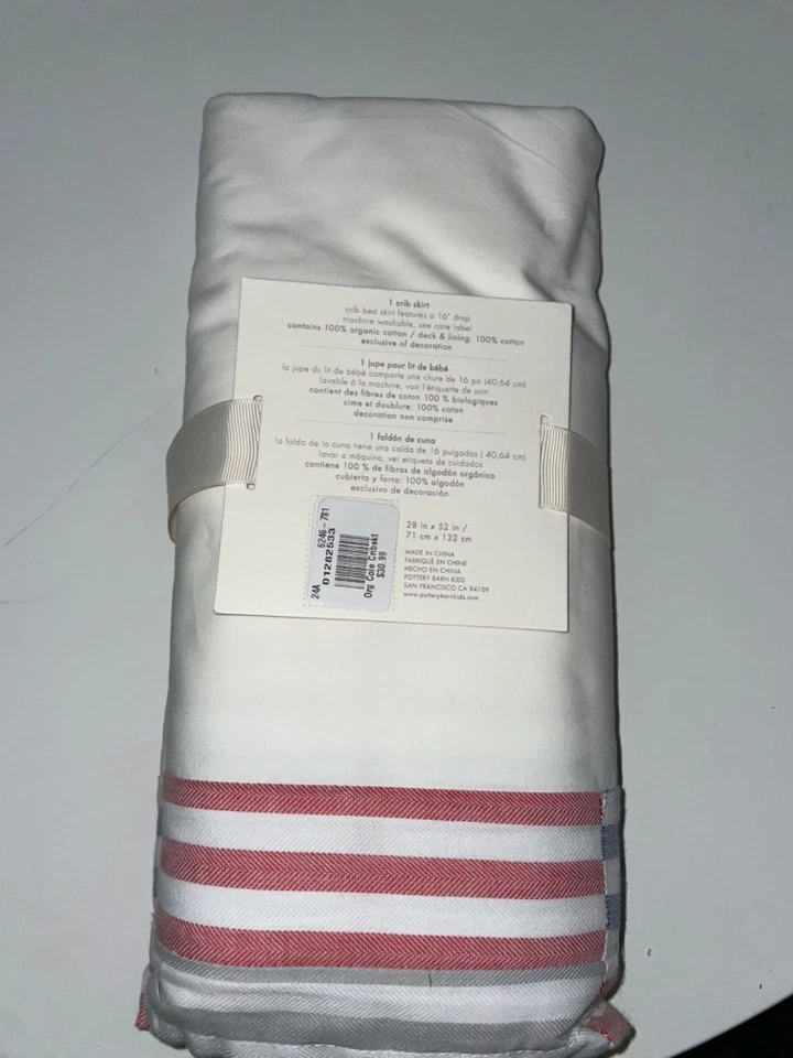 Pottery Barn Baby органический Cole кроватки юбка хлопок 16» падение красный синий полоски новый - Изображение 2 из 2
