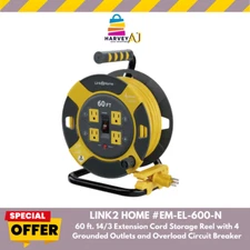 Link2home EM-EL-600-N 60 ft. Extension Cord Reel with 4 Outlets & Circuit Breake